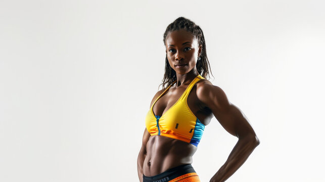 Athletic african american female fitness model posing confidently with muscular build against a clean white background, exuding strength and vitality - Powered by Adobe