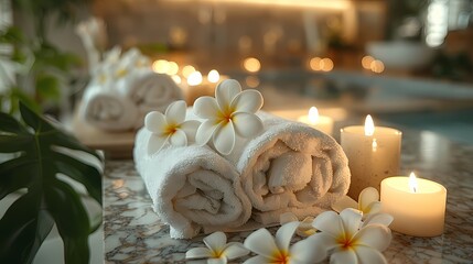 A lavish spa scene featuring pristine white flowers, flickering candles casting gentle light, and a neatly folded towel atop smooth marble surfaces, with the Holy Quran lending an aura 