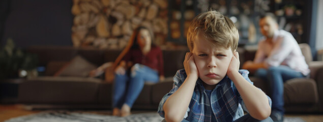 Fototapeta premium Family crisis, Unhappy little boy while his angry parents fighting, child feeling lonely during mom and dad's divorce, Stress and mental problems in childhood depressed, concept of childhood fears