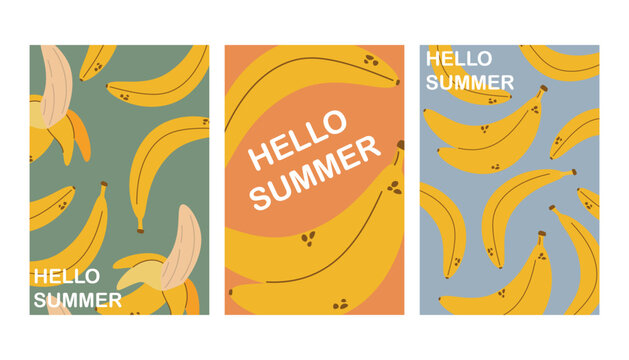 Summer poster with banana in flat style, hello summer, poster concept, postcard, wall art, banner background, summer cards set