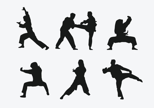 set of silhouettes of martial arts pencak silat with different action, pose. isolated on white background. vector illustration.