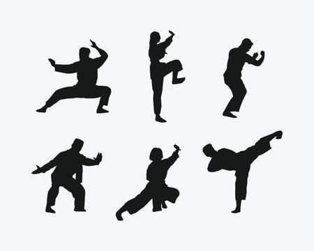 set of silhouettes of martial arts pencak silat with different action, pose. isolated on white background. vector illustration.