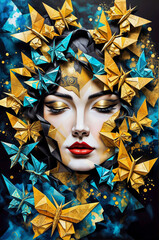 Abstract artwork of a woman with turquoise and golden brushwork, Origami style - Generative AI	