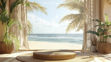 Fototapeta premium A perfect setting to showcase summer style: Bohemian Rattan Podium against a Sunny Beachside Cabana backdrop, ready for fashion displays.
