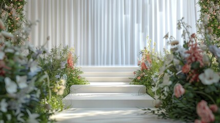 Fototapeta premium Bridal Show Elegant Podium, front view focus, with a Wedding Venue Background, ideal for bridal gowns.