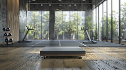 Experience the dynamic showcase at the Fitness Expo Active Podium against a gym backdrop, perfect for fitness enthusiasts and equipment enthusiasts alike.