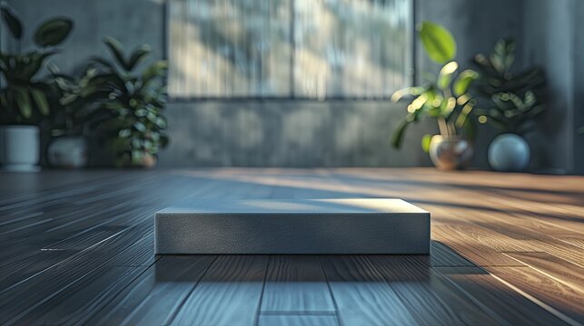 Fitness Expo Active Podium, front view focus, with a Gym Background, ideal for fitness equipment.