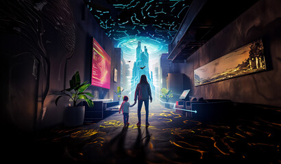 The family returns from a walk to a hotel room wirh big LED TV overlooking a huge, futuristic skyscraper. Fantasy illustration, future, parenting, travel.	
