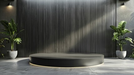 The sleek Contemporary Black Steel Podium stands out against the Modern Art Gallery backdrop,...