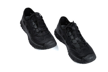 black ventilated sports shoes for men on white background