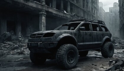 Abandoned car in the middle of the city. 3d rendering.