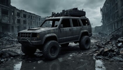 SUV car on the street of abandoned city after disaster. 