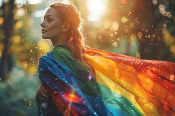 A woman wearing a rainbow flag is standing in a forest. The flag is colorful and vibrant, and it seems to be a symbol of pride and freedom. The woman's presence in the forest adds a sense of serenity