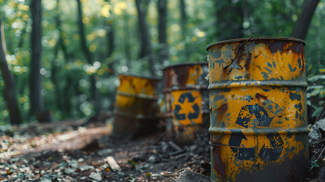 Hazardous waste materials marked with a recycle sign, symbolizing the challenges of a failed waste management system and its impact on environmental pollution. Generative AI illustration