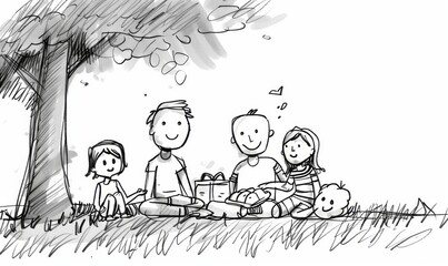 simple black and white line drawing of a happy family