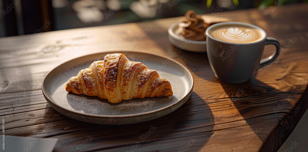 Wall mural a fresh baked croissant on an elegant plate, accompanied by a cup of cappuccino