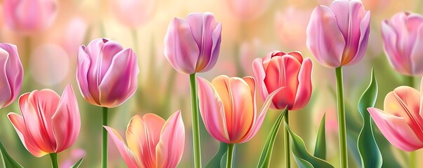 illustration of tulip flower background with a variety of pink, yellow, and purple flowers arranged on green stems