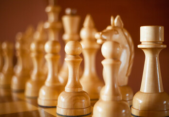 White chess pieces on the chessboard.