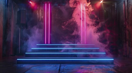 A vibrant Modern Neon Podium stands out against the backdrop of an Underground Techno Club, perfect for showcasing electronic music gear.