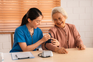 Fototapeta premium Senior Woman Receives Medical Advice and Treatment from a Doctor in a Hospital: Health Care Professionals Provide Help and Care to Elderly Patients with Insurance in a Clinical Setting
