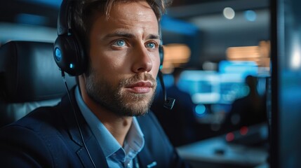 Professional businessman in suit conversing with customer in call center surrounded by technology and colleagues