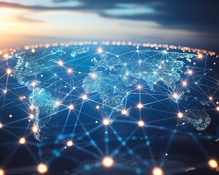 A beautiful depiction of the world map with glowing dots representing major cities connected by a web of light representing the internet.