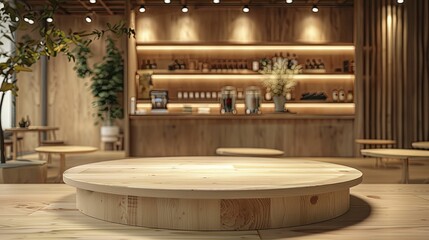 A charming setting for showcasing casual apparel products - a Simple Plywood Podium against a Cozy Cafe Background.