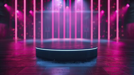 Highlight your event with a futuristic touch - a sleek black acrylic podium against a neon-lit club backdrop, perfect for nightlife promotions!