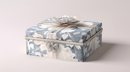 a tastefully wrapped gift box, featuring luxurious embellishments and set against a pristine white...