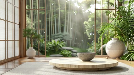 Enhance your spa ambiance with a serene Zen Garden backdrop complementing the Natural Bamboo Podium for product displays.