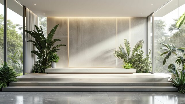 Experience a captivating showcase at the Real Estate Open House Stylish Podium, set against a backdrop of luxurious home decor.