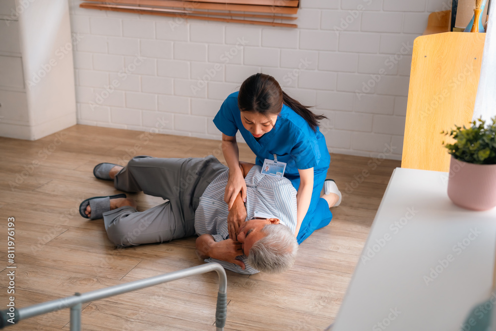 Canvas Prints caregiver support senior elderly patient who having accident to fall on the floor at home, health insurance for emergency help, woman nurse having care injury to disease pain of old Asian people