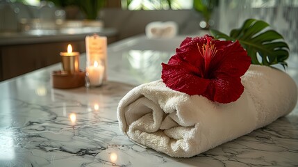 A luxurious spa setup featuring a vibrant red flower, a candle casting a warm glow, a soft towel arranged with care, and the Holy Quran resting on a clean marble backdrop
