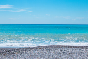 Blue sea with waves and sky. Ripples on blue water surface