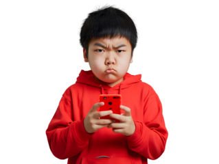 A boy in a red hoodie is holding a red cell phone and looking at it with a frown