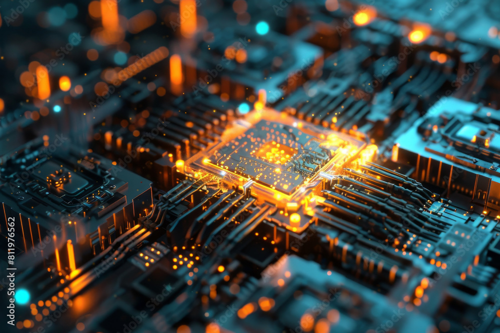 Poster a computer circuit board with a glowing cpu in the middle