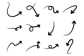 Hand drawn arrow Shape Curved Lines Set.