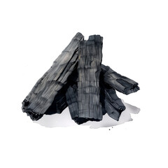 Watercolor illustration of high-grade charcoal produced from ubame oak (Quercus phillyraeoides) on white background