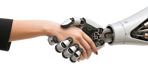Human and robot handshake, transparent background, depicting technology and humanity collaboration
