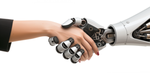 Human and robot handshake, transparent background, depicting technology and humanity collaboration