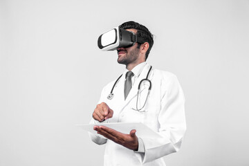 Professional doctor wearing VR glasses and lab coat while holding medical form. Attractive doctor...