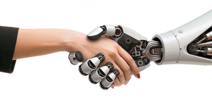 Human and robot handshake, transparent background, depicting technology and humanity collaboration