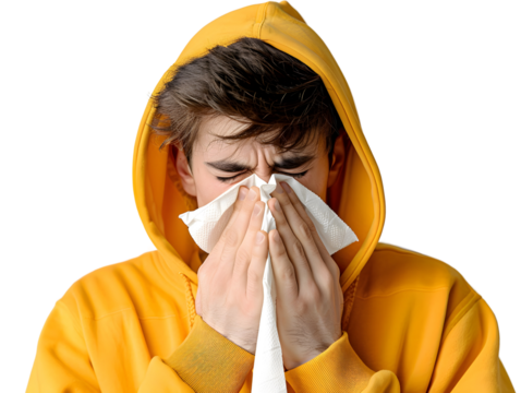 man in yellow hoodie wiping nose with tissue