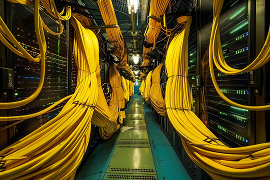  In the data center area, servers are haphazardly knotted together with yellow optic wires