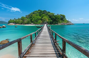Naklejka premium Wooden pier leads to an island with clear blue water and lush greenery 