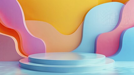 A striking display setting for modern art, featuring a colorful plastic podium against a vibrant...