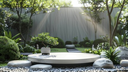 Capture the elegance of delicate porcelain figurines showcased on a sophisticated podium against a formal tea garden backdrop.