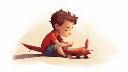a young boy playing with a toy plane 