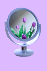 Freshly cut tulips in a mirror. A set of tulip flowers isolated on a serene background