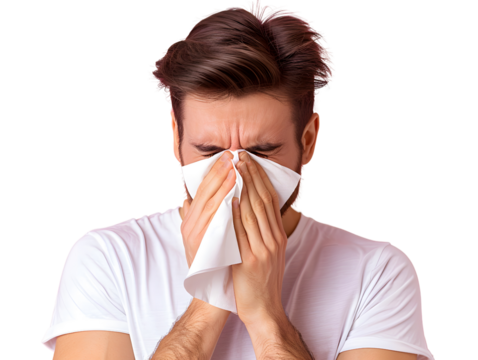 A man blowing his nose with tissue